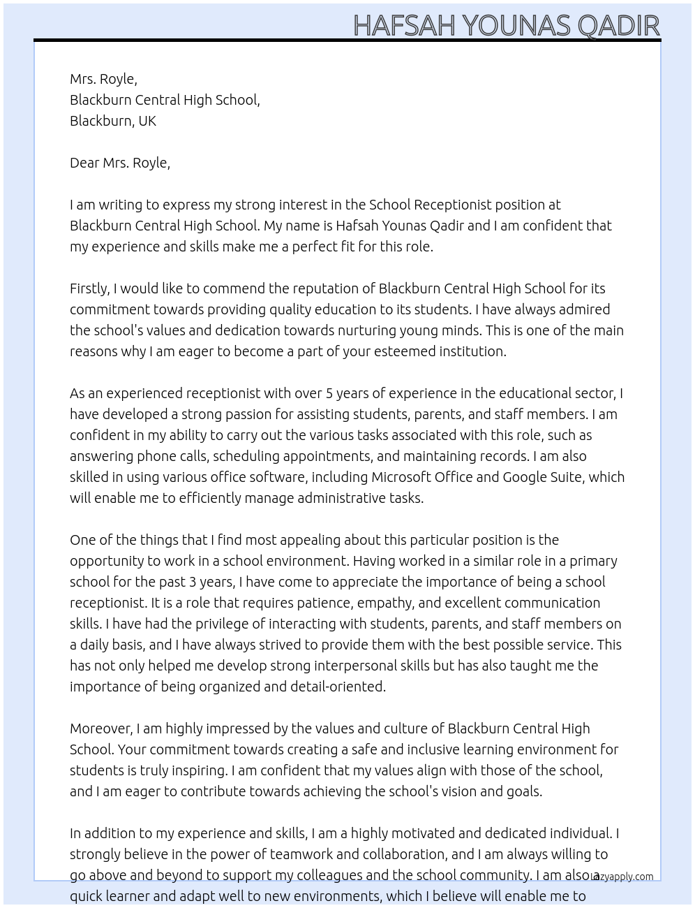 School receptionist At Blackburn central high school Cover Letter