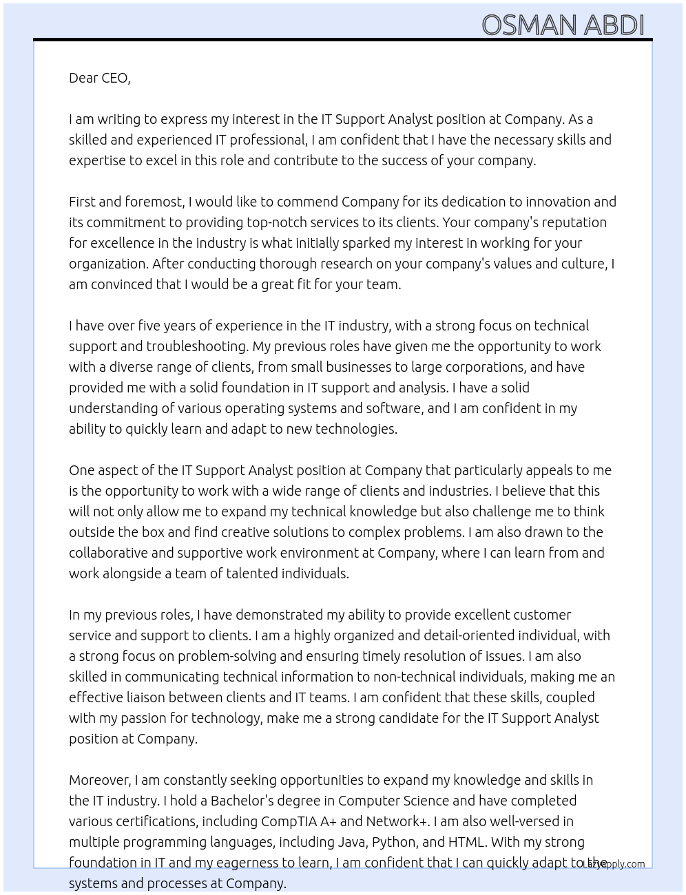 IT Support Analyst At Company Cover Letter