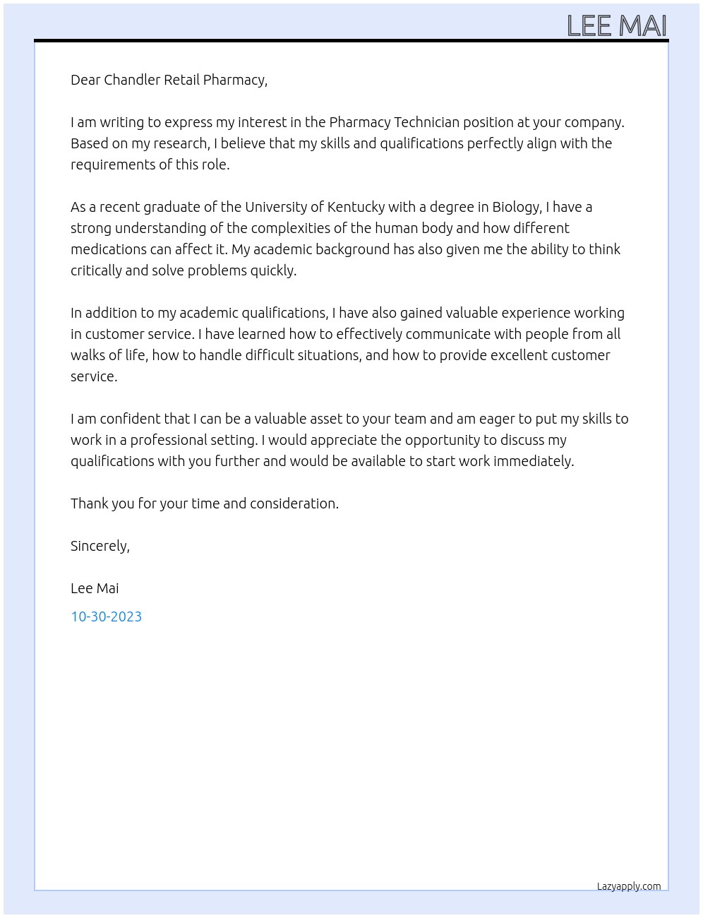 Pharmacy Technician At University of Kentucky Cover Letter