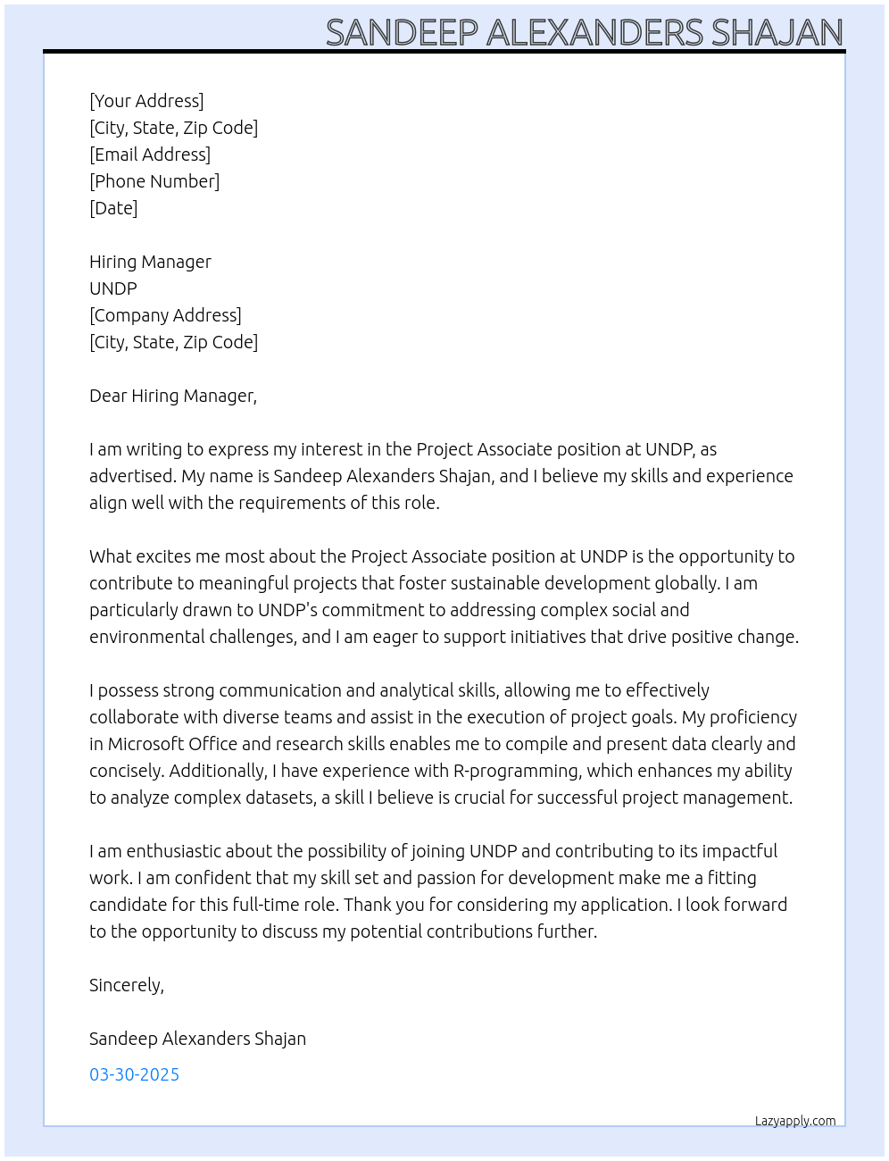 Project Associate At undp Cover Letter