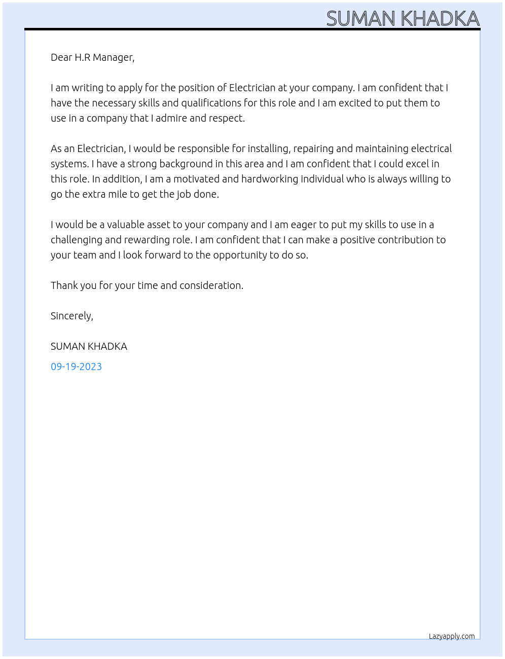 Electrican At sumankhadka2059@gmail.com Cover Letter