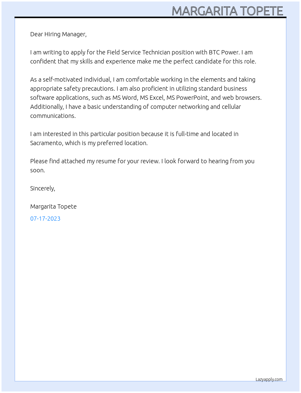 Field service technician  At BTC Power Cover Letter