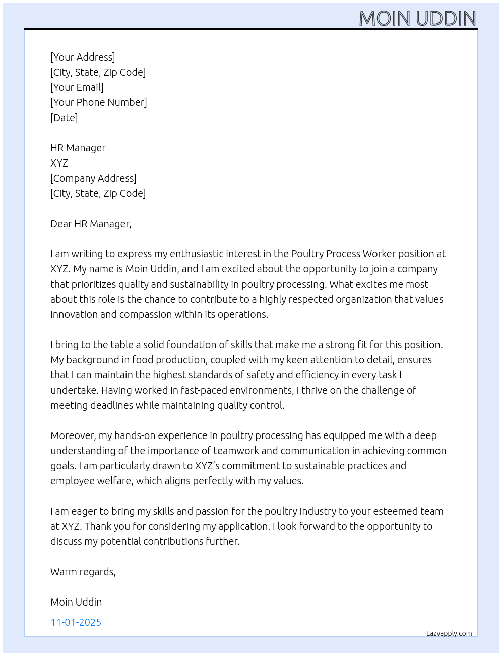 Poultry process worker  At Xyz Cover Letter