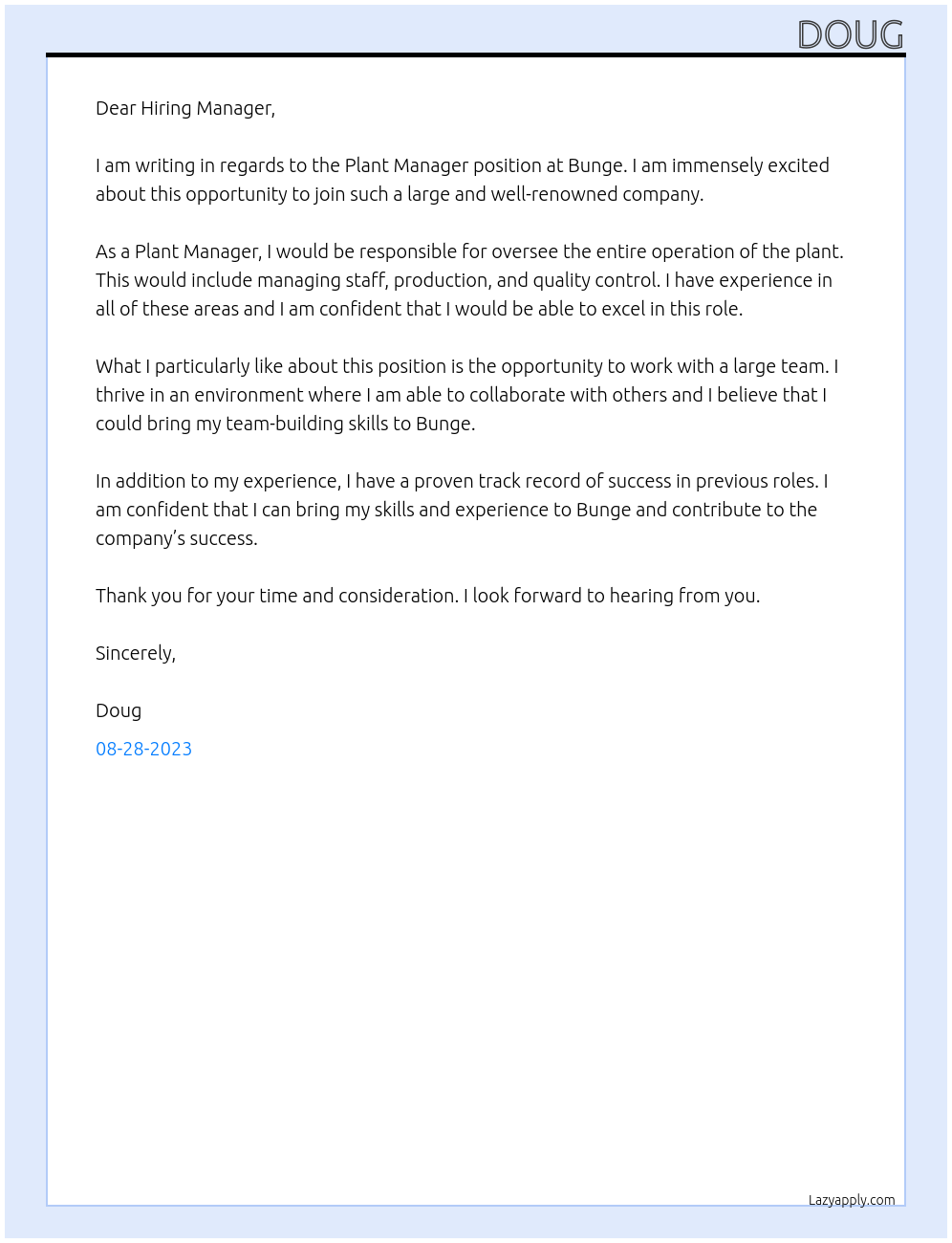 Plant Manager At Bunge Cover Letter