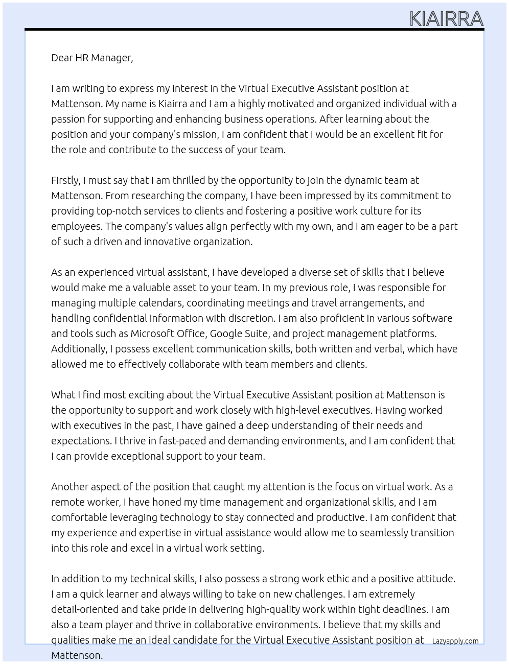 Virtual Executive Assistant  At Mattenson  Cover Letter
