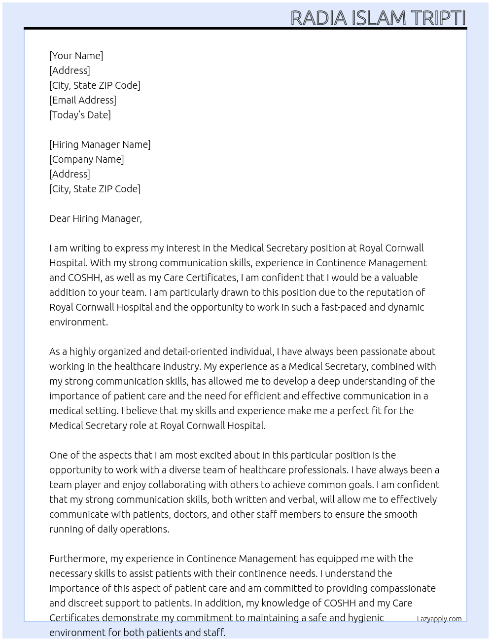 Medical Secretary  At Royal Cornwall Hospital  Cover Letter