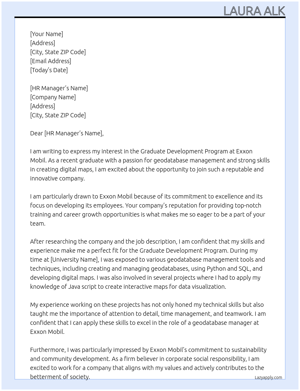 Graduate Development Program At Exxon Mobil Cover Letter