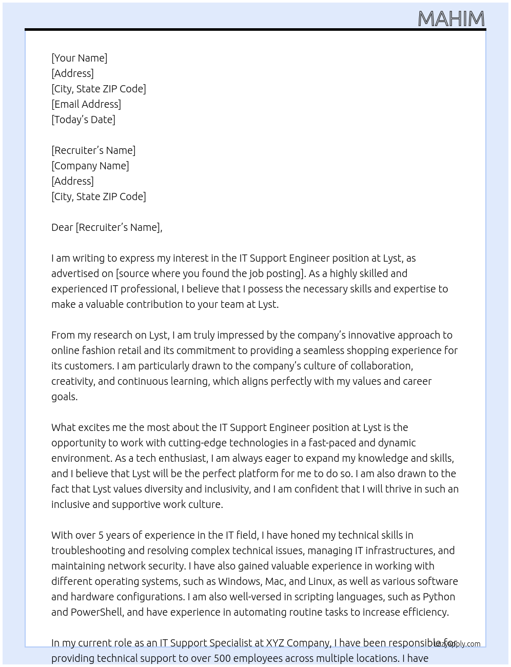 IT Support Engineer At Lyst Cover Letter