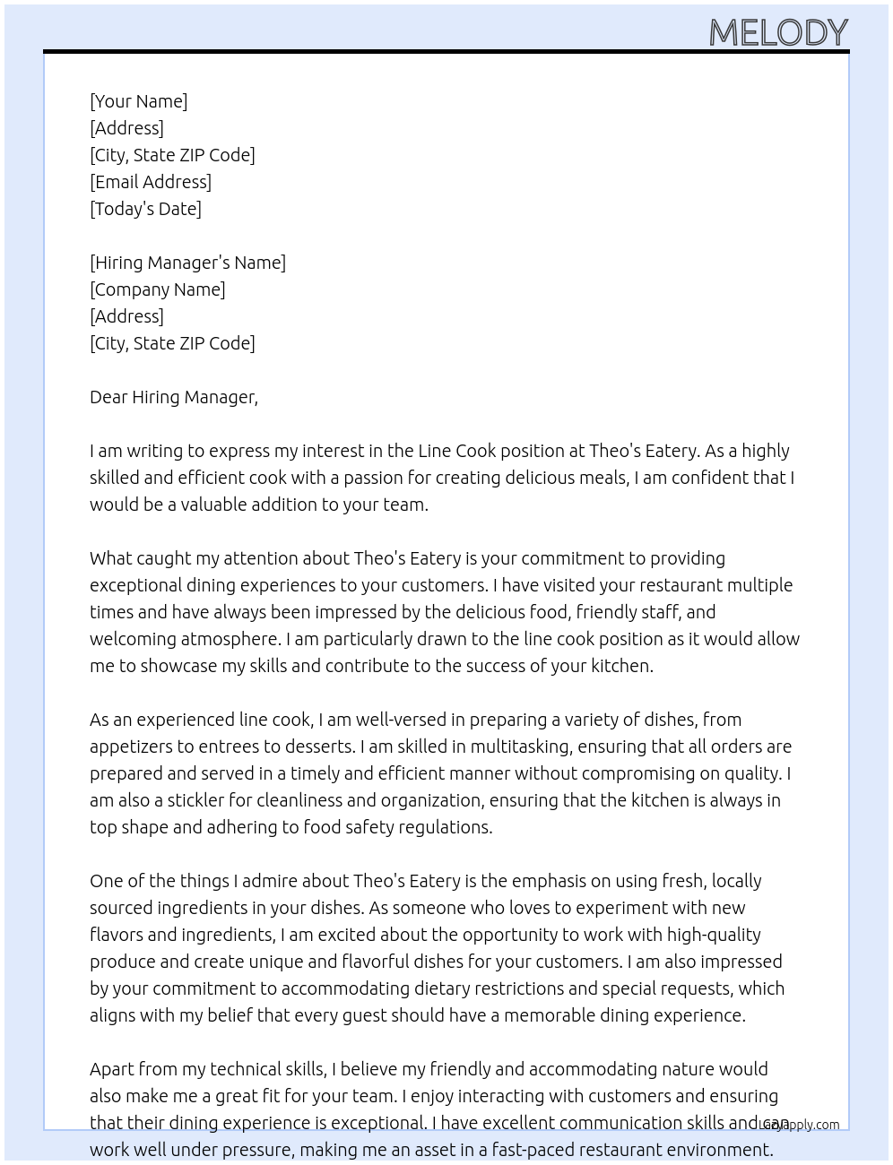 Line Cook At Theo's Eatery  Cover Letter