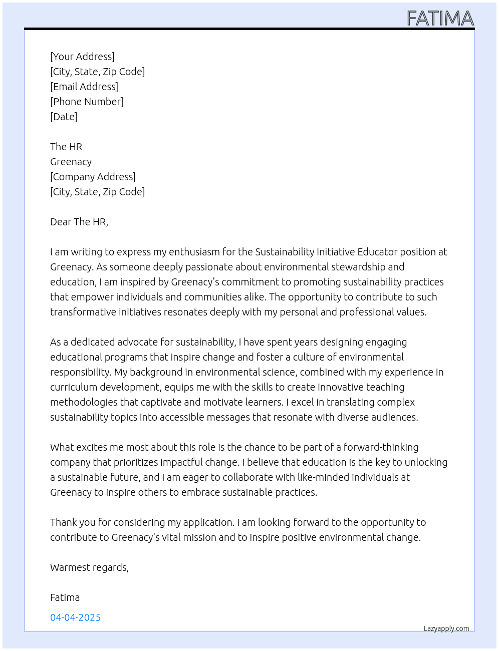 Sustainability initiative educator At Greenacy Cover Letter
