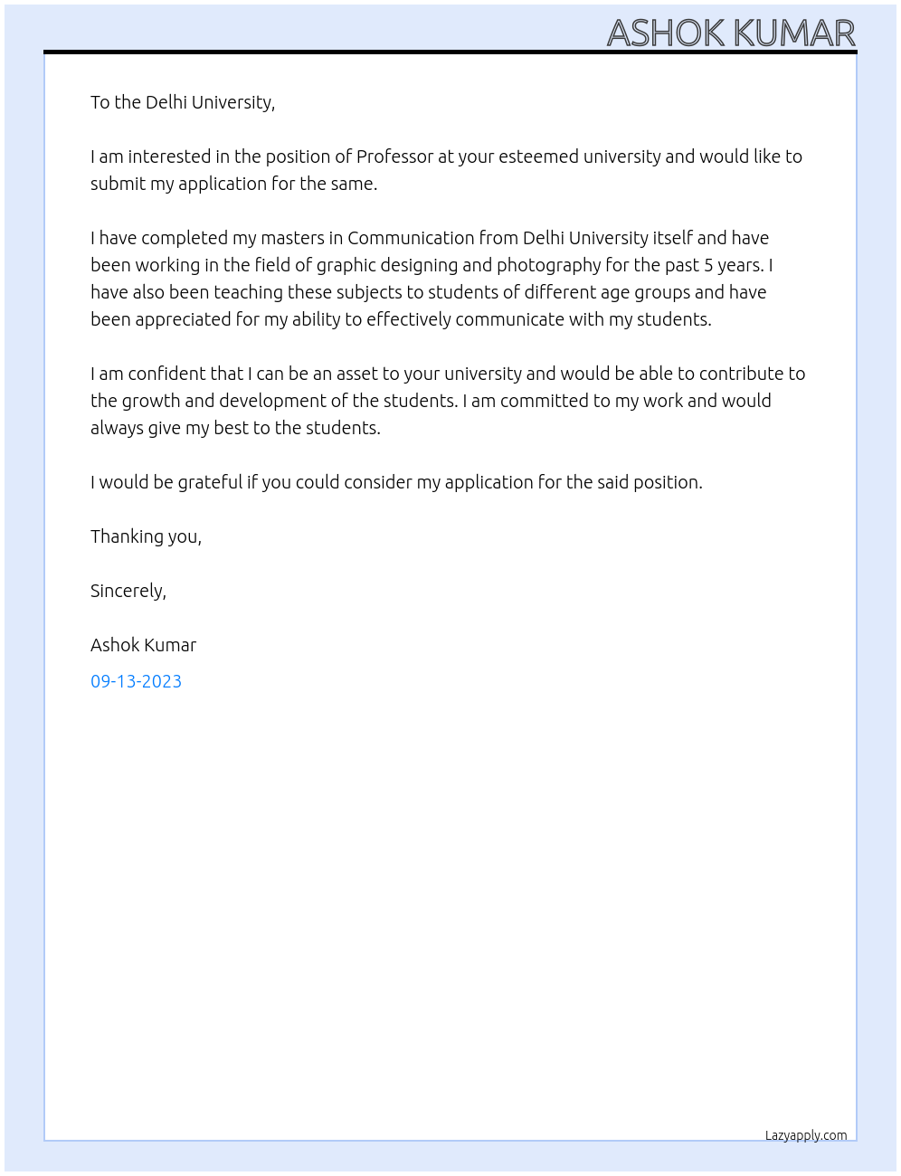 Professor At Delhi University Cover Letter