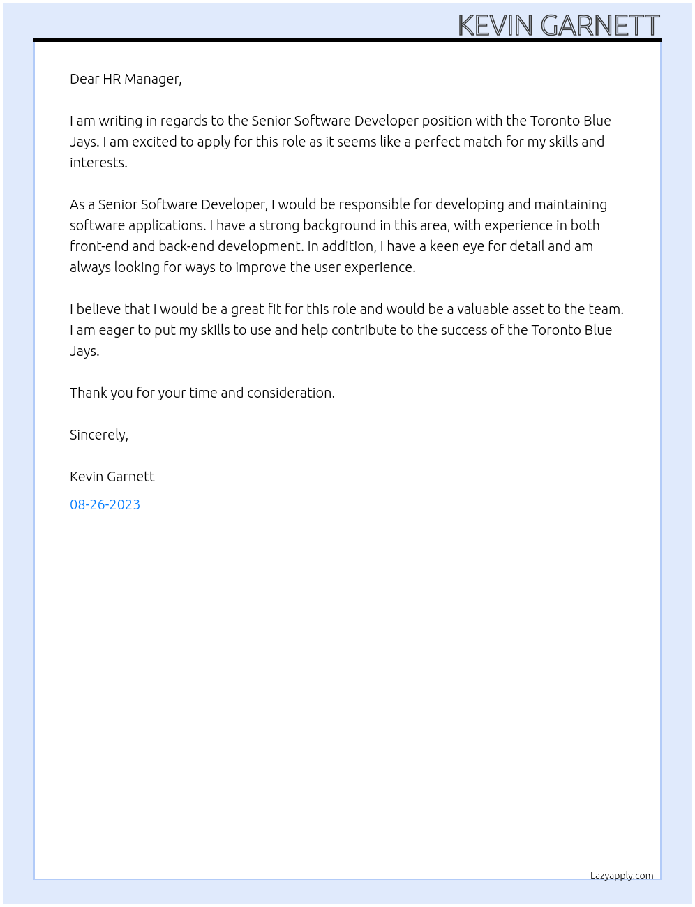 Senior Software Developer At Toronto Blue Jays Cover Letter