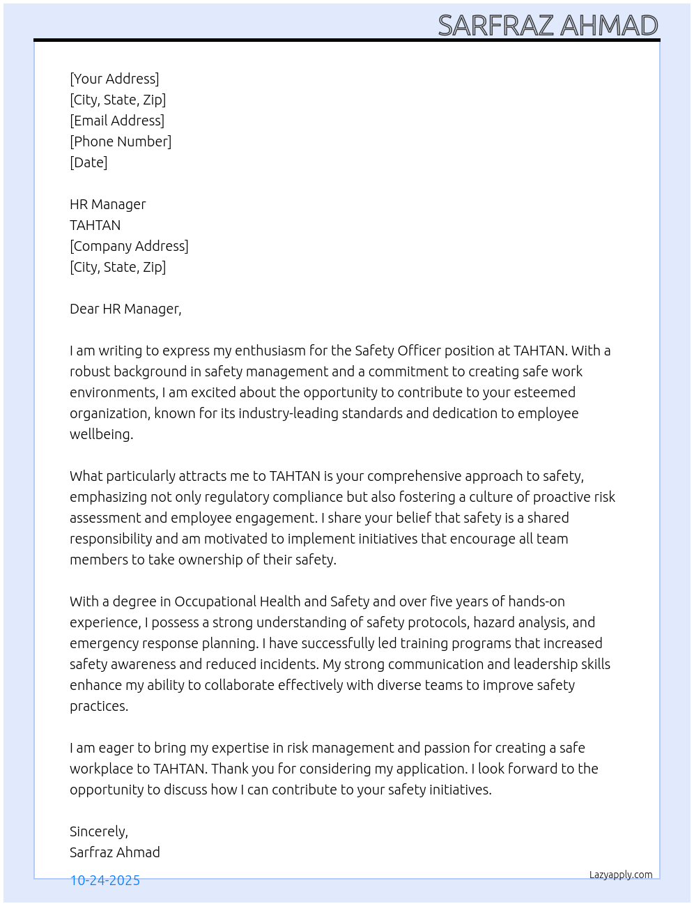 Safety Officer At TAHTAN Cover Letter