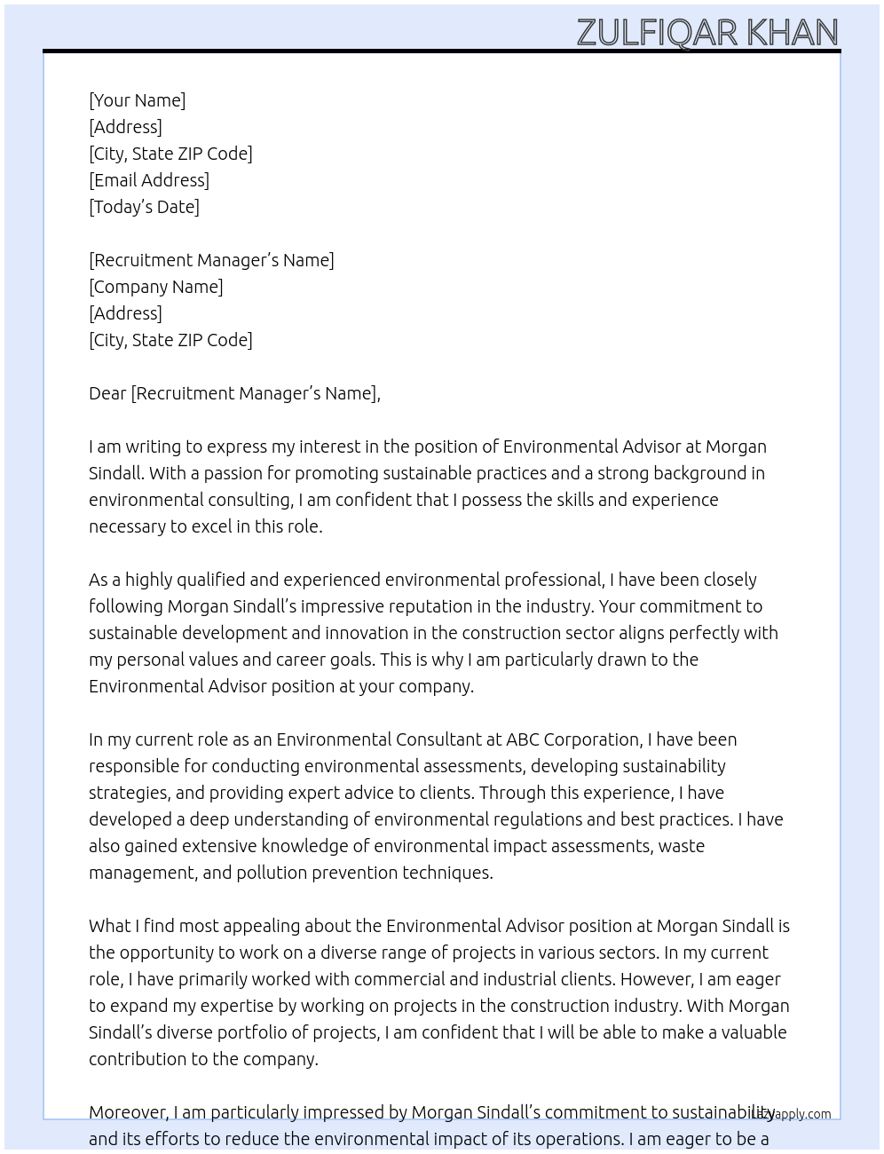 Environmental Advisor At Morgan Sindall Cover Letter