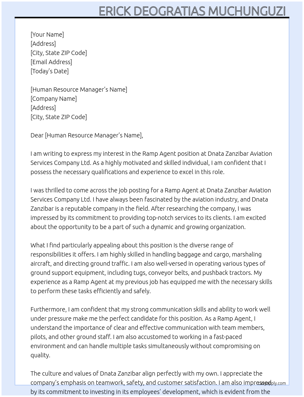 Ramp agent At Dnata Zanzibar Aviation Services Company Ltd Cover Letter