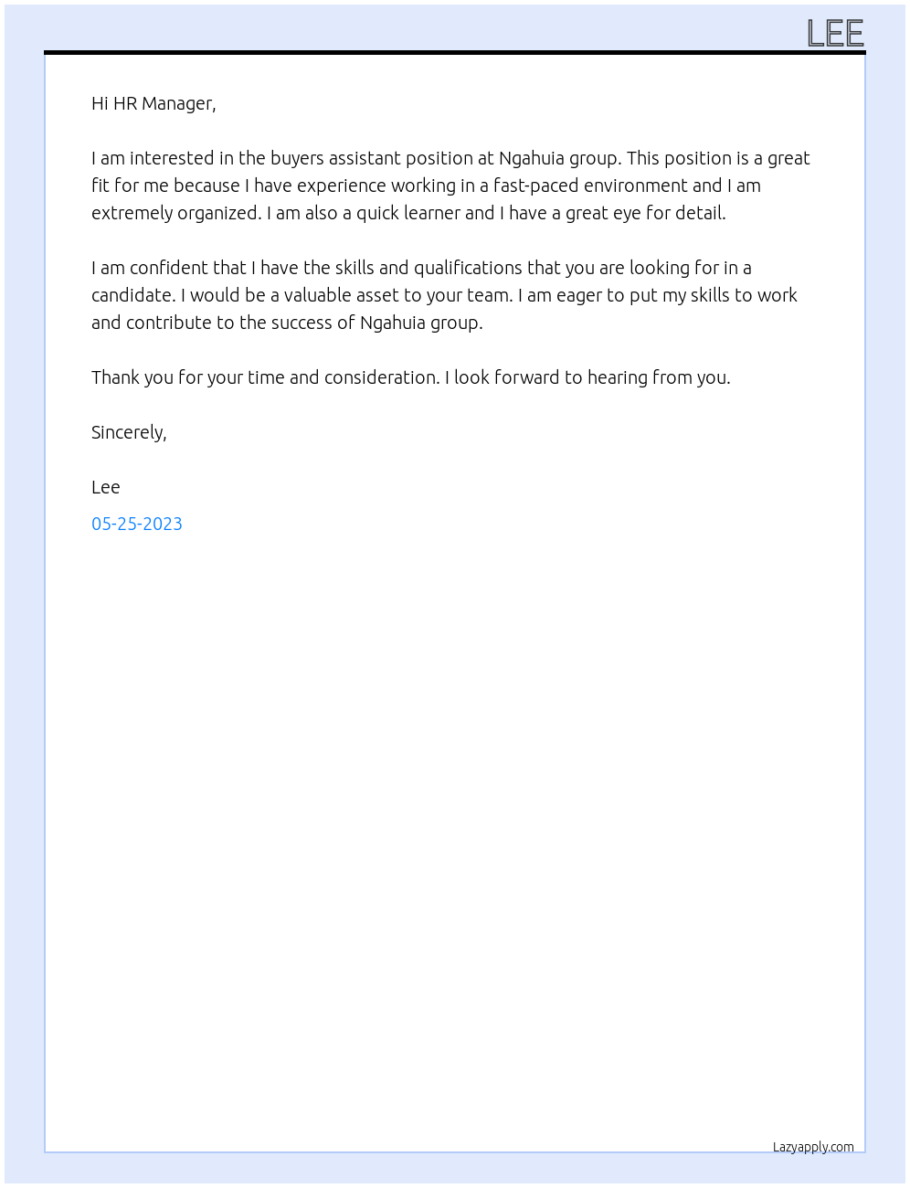 Buyers Assistant At Ngahuia group Cover Letter