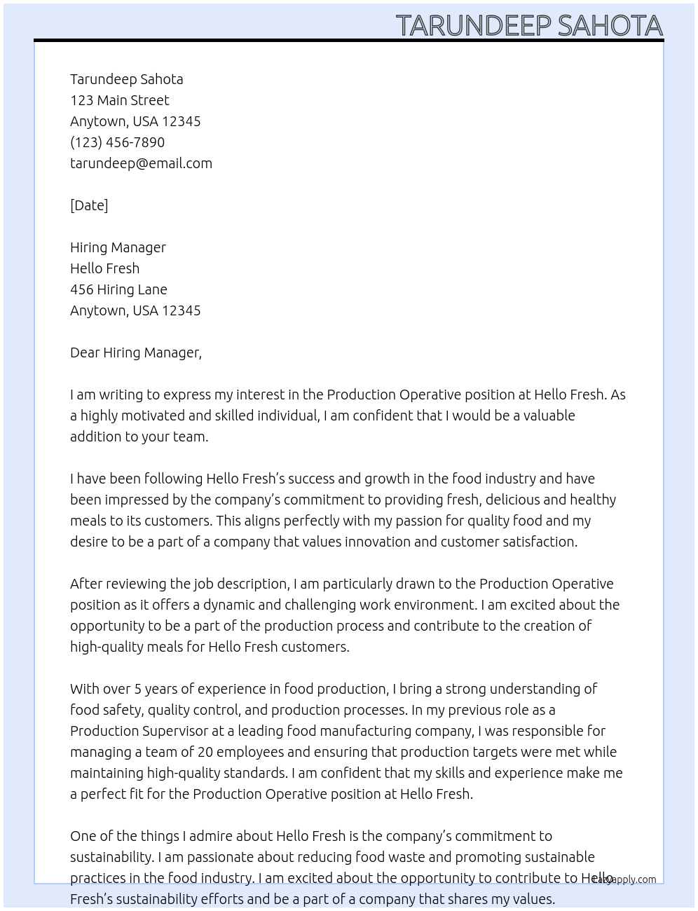 production Operative At Helllo Fresh Cover Letter