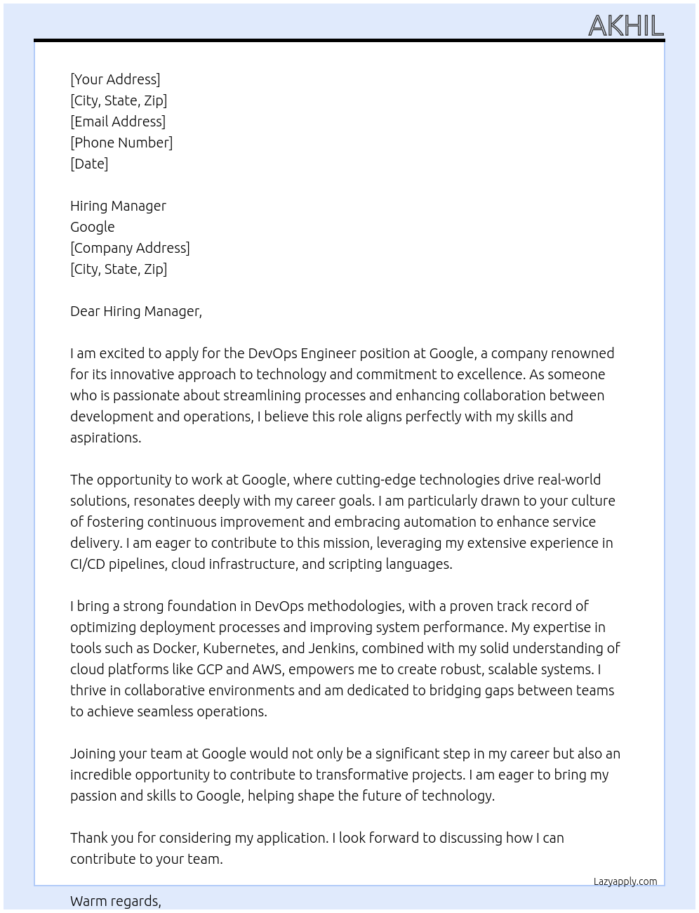 DevOps Engineer At Google Cover Letter