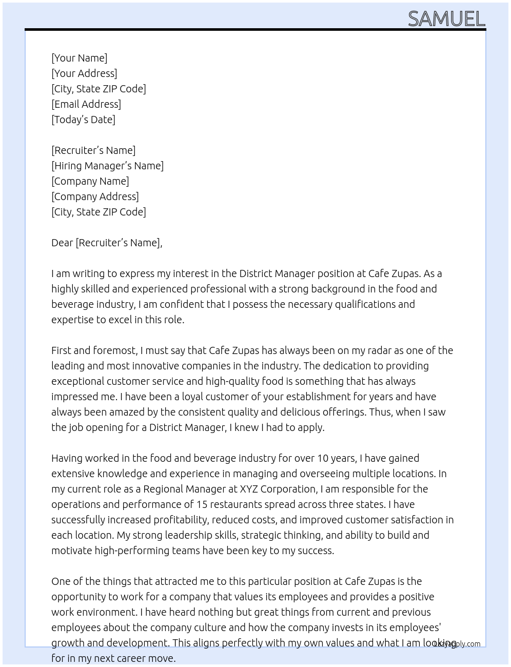 District manager At Cafe Zupas Cover Letter