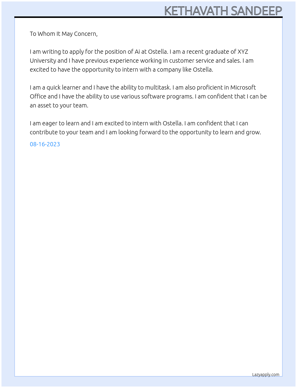 Ai At Ostella Cover Letter