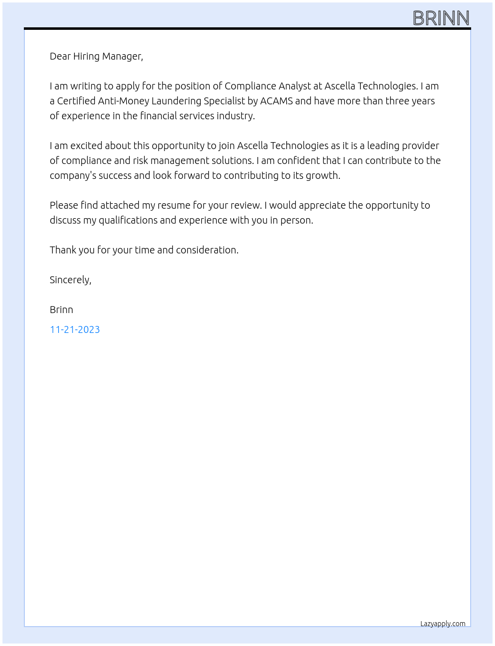 Compliance Analyst At Ascella Technologies Cover Letter