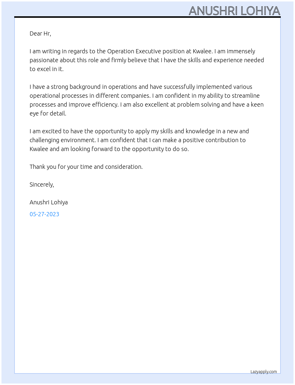 Operation Executive At Kwalee Cover Letter