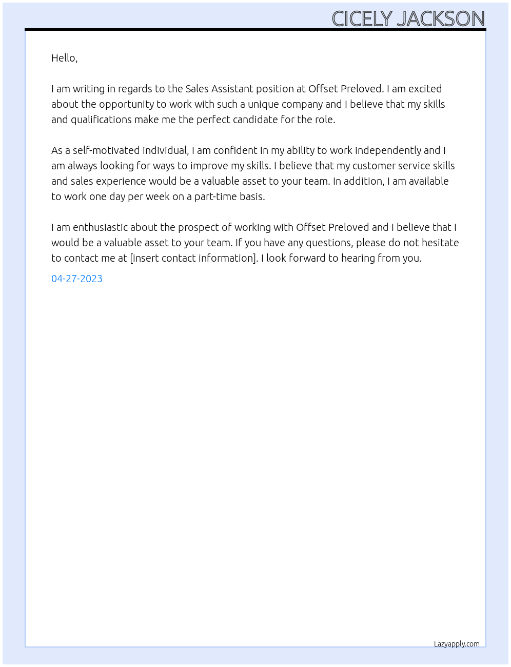 Sale assistant At Offset preloved Cover Letter