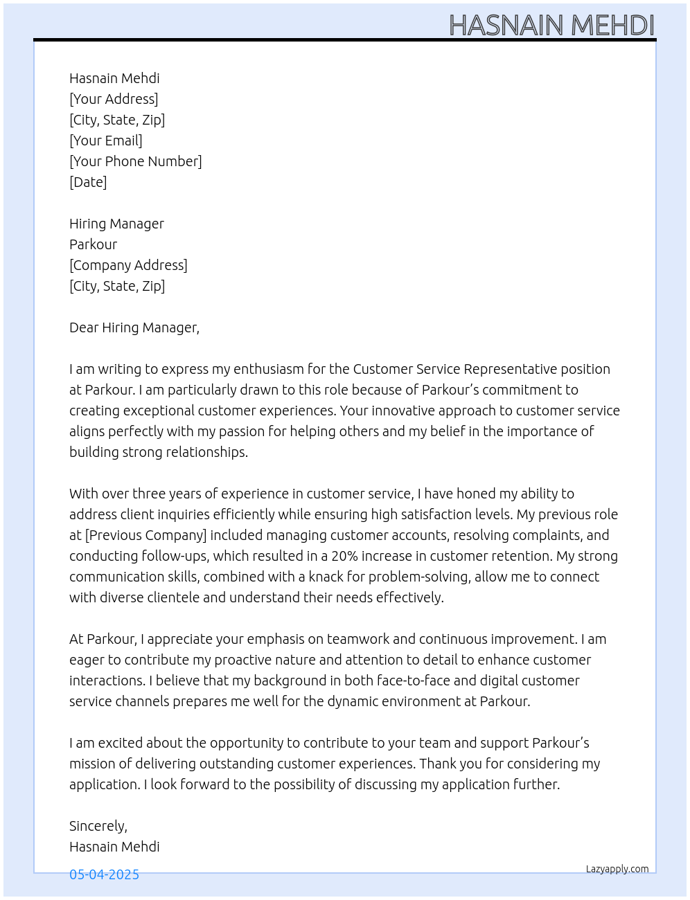 Customer Service Representative At Parkour Cover Letter