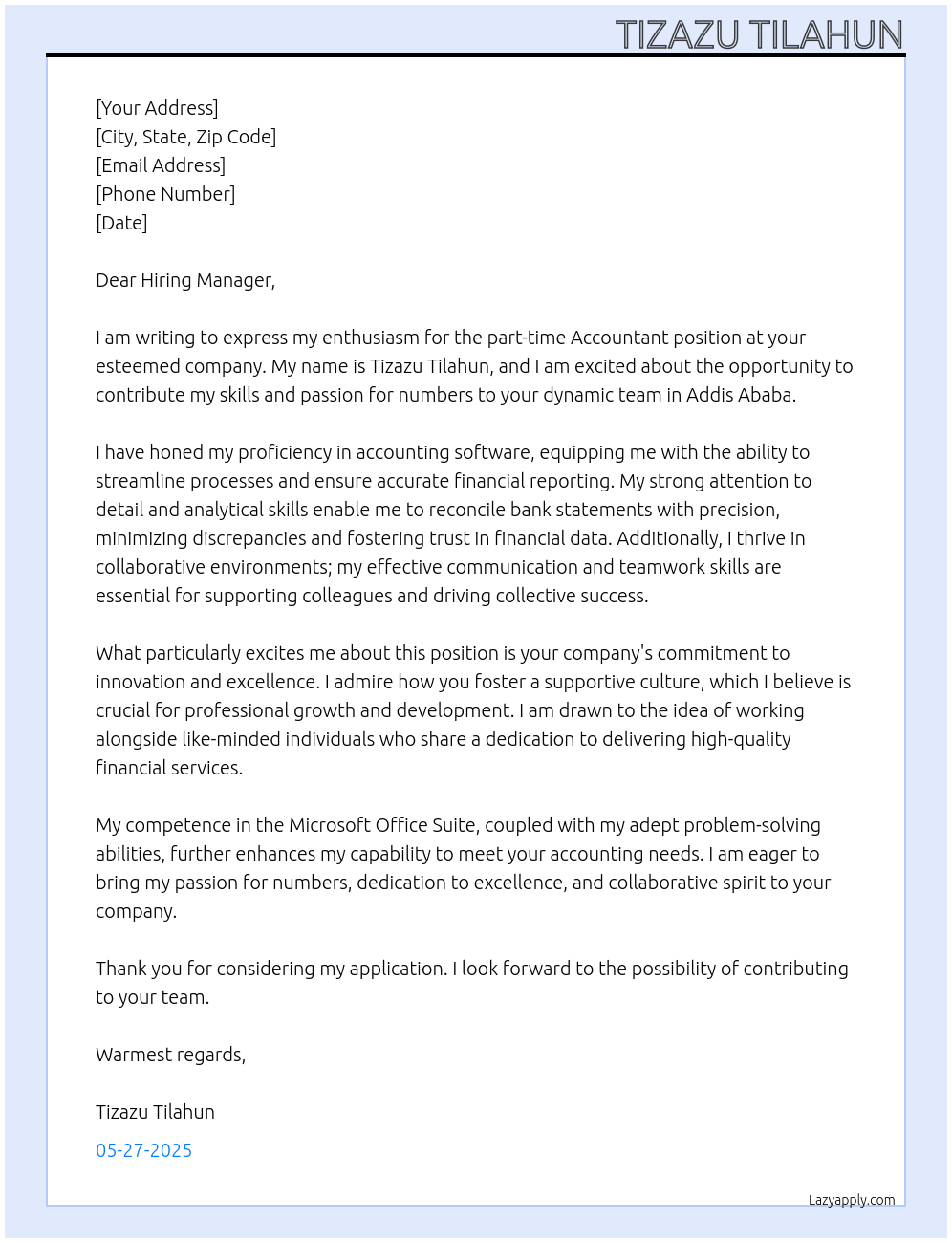 ACCOUNTANT At Unkown Cover Letter