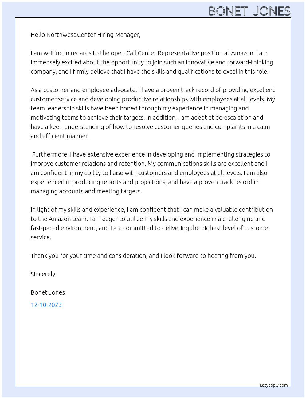 Call center representative At Amazon Cover Letter