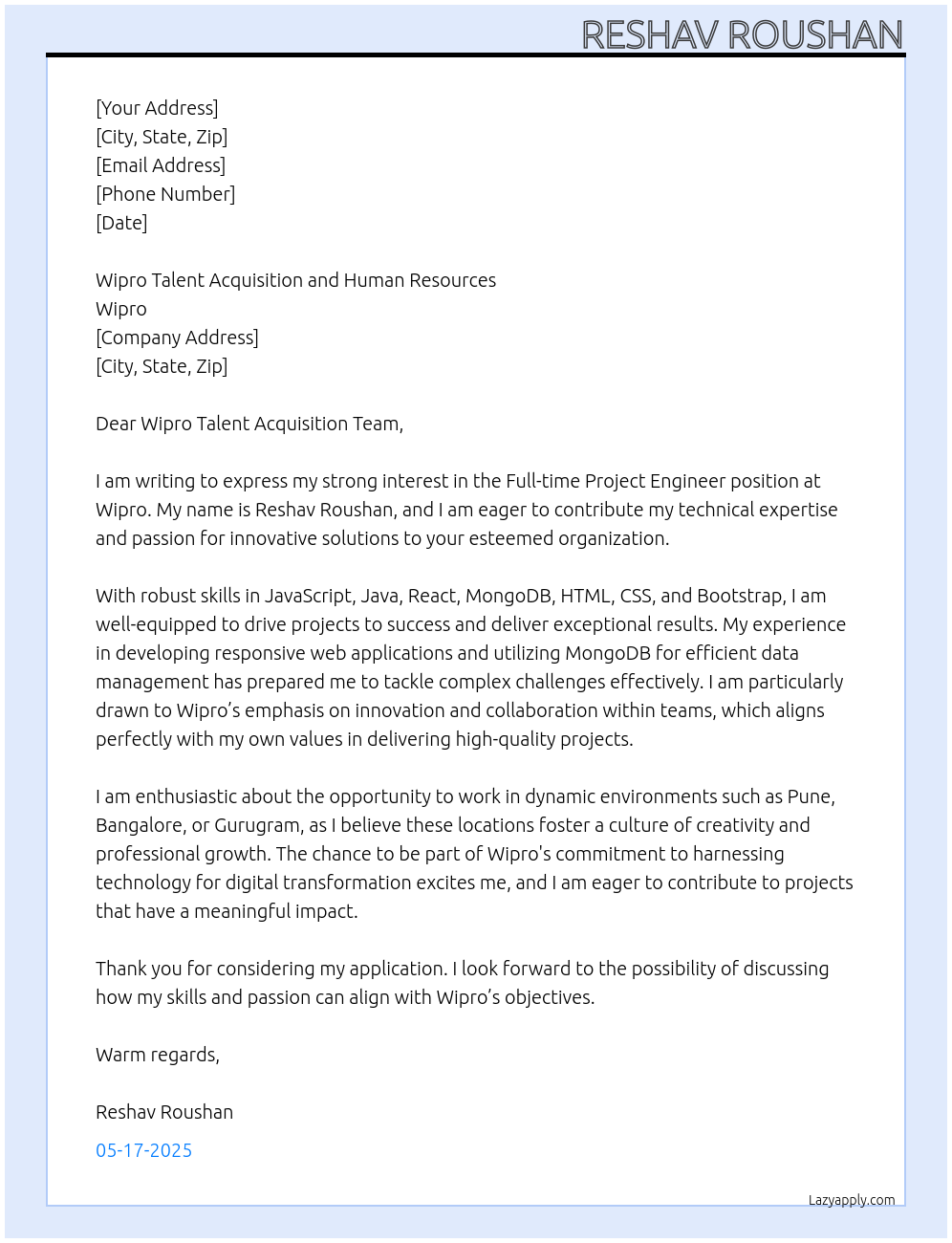 Project Engineer At Wipro Cover Letter