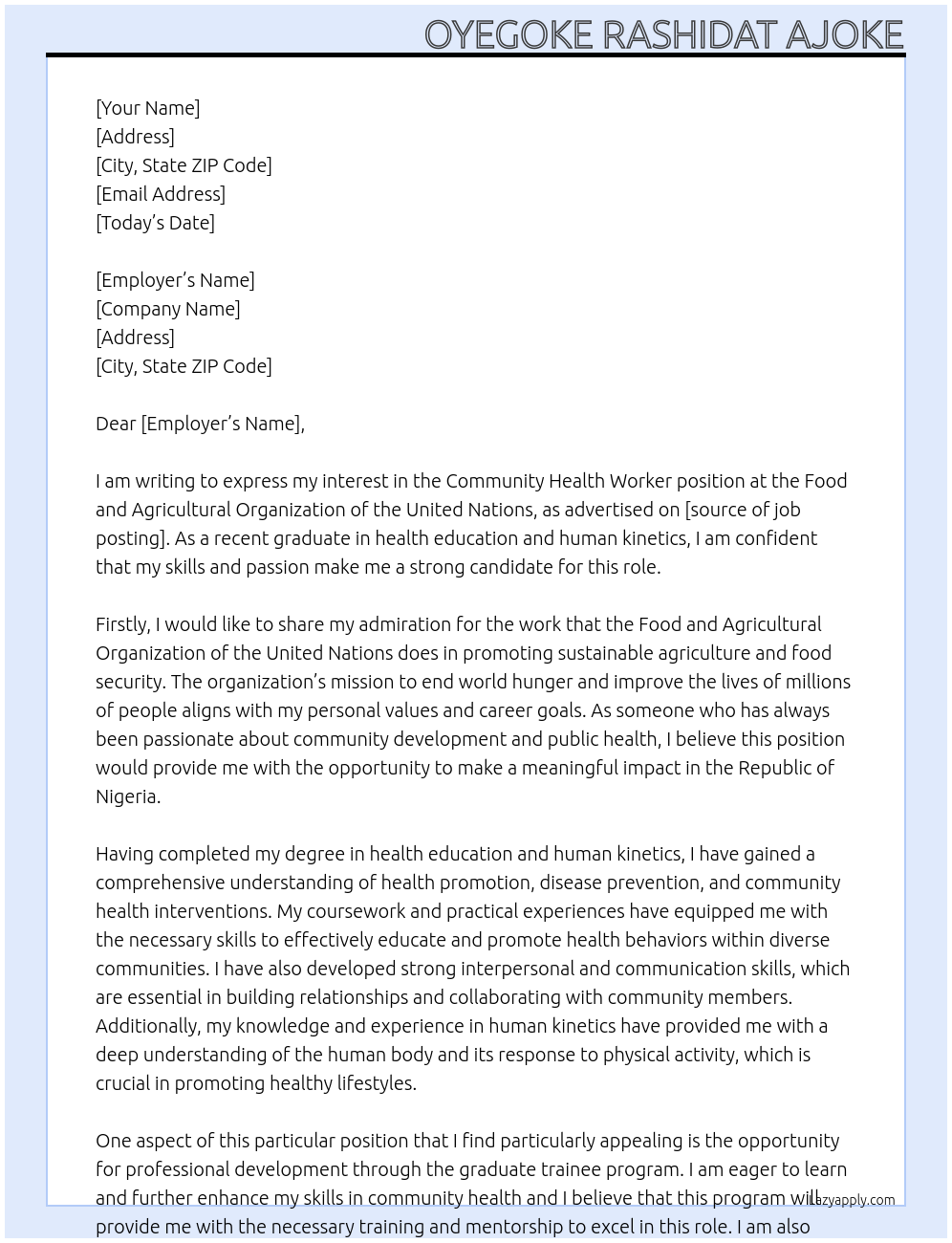 Community health worker At Food and Agricultural Organization of the United Nations Cover Letter