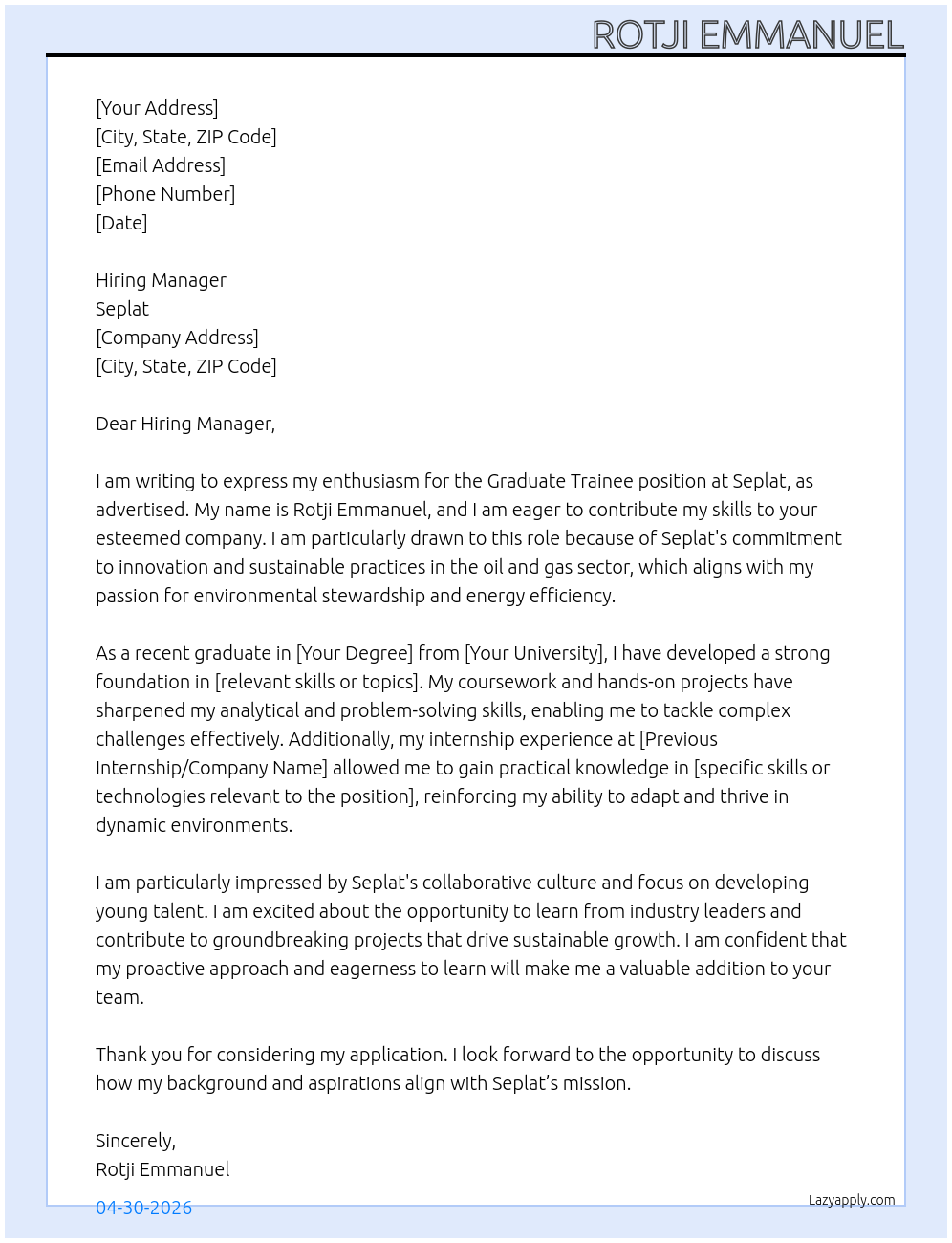 Graduate Trainee At Seplat Cover Letter