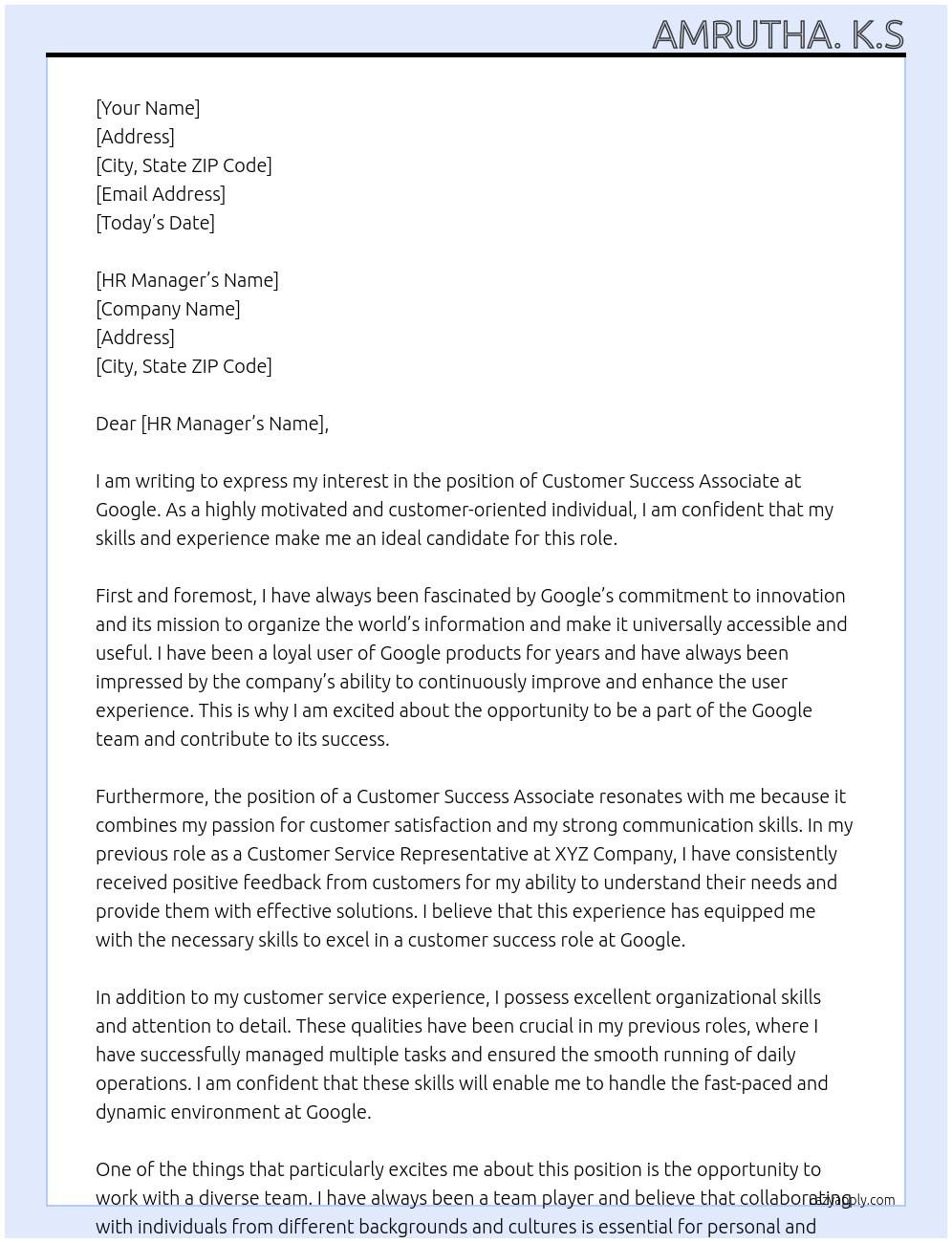 CUSTOMER SUCCESS ASSOCIATE At GOOGLR Cover Letter