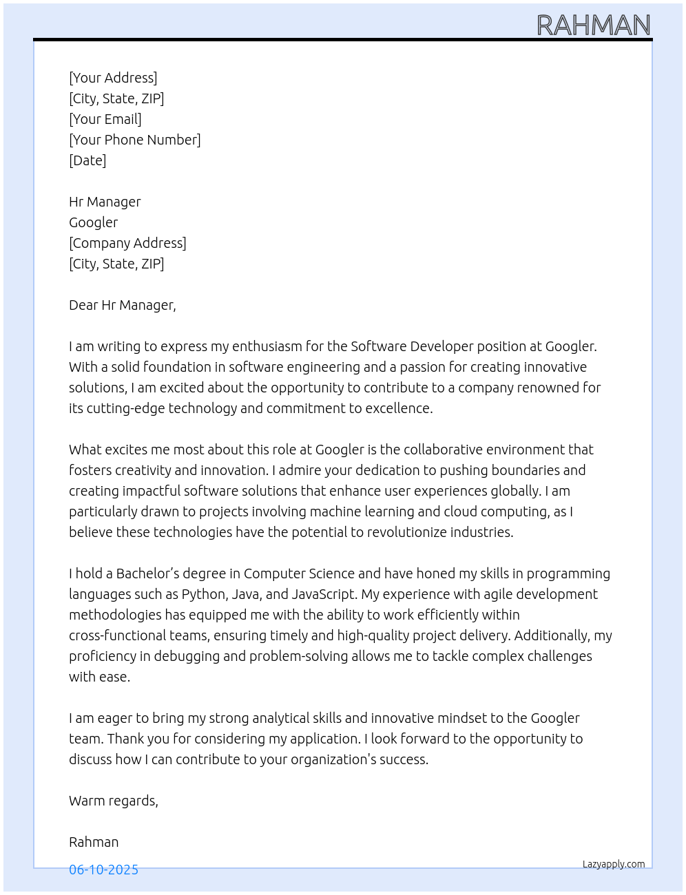 Cover letter for spftware developer - LazyApply