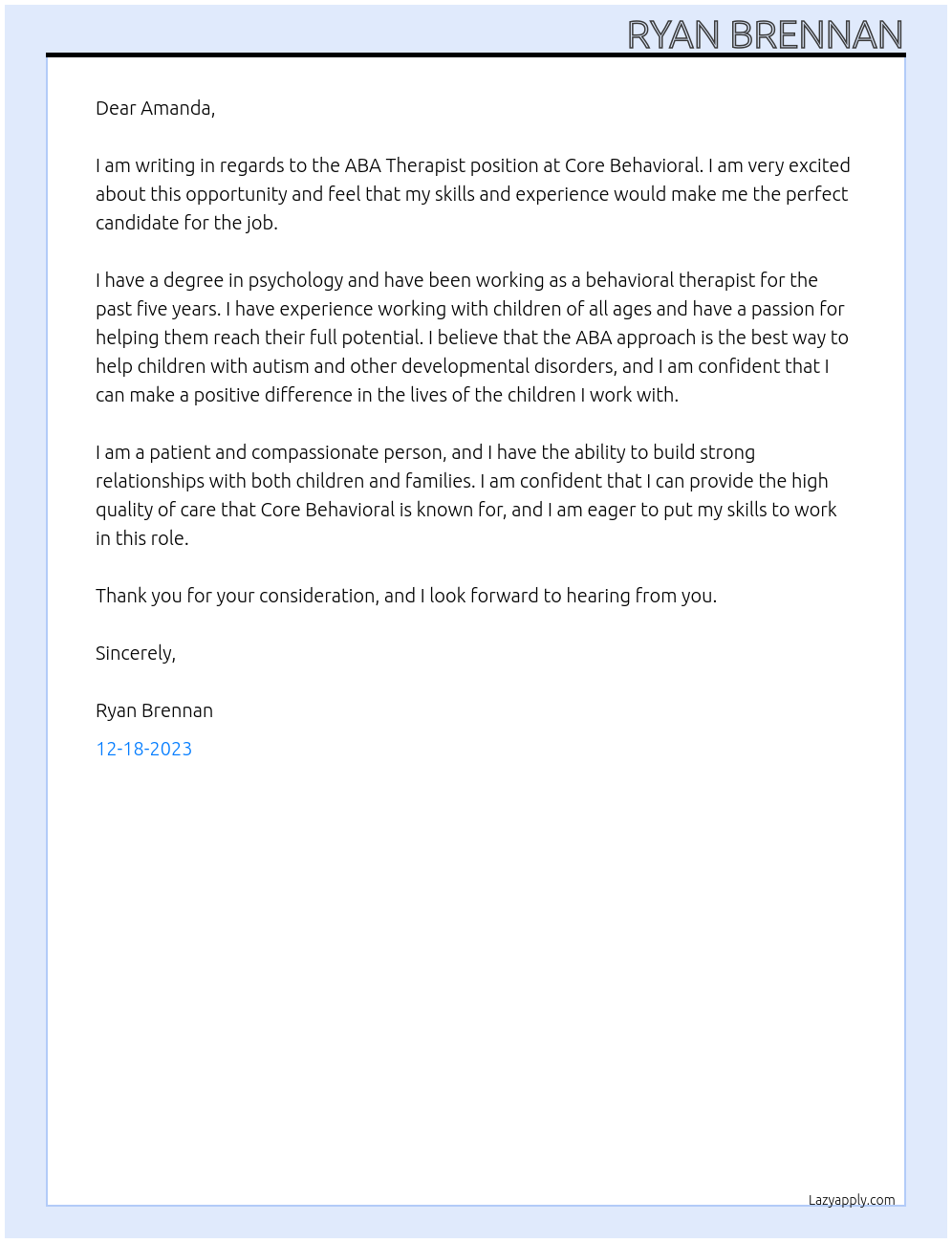 ABA Therapist At Core Behaviorial Cover Letter