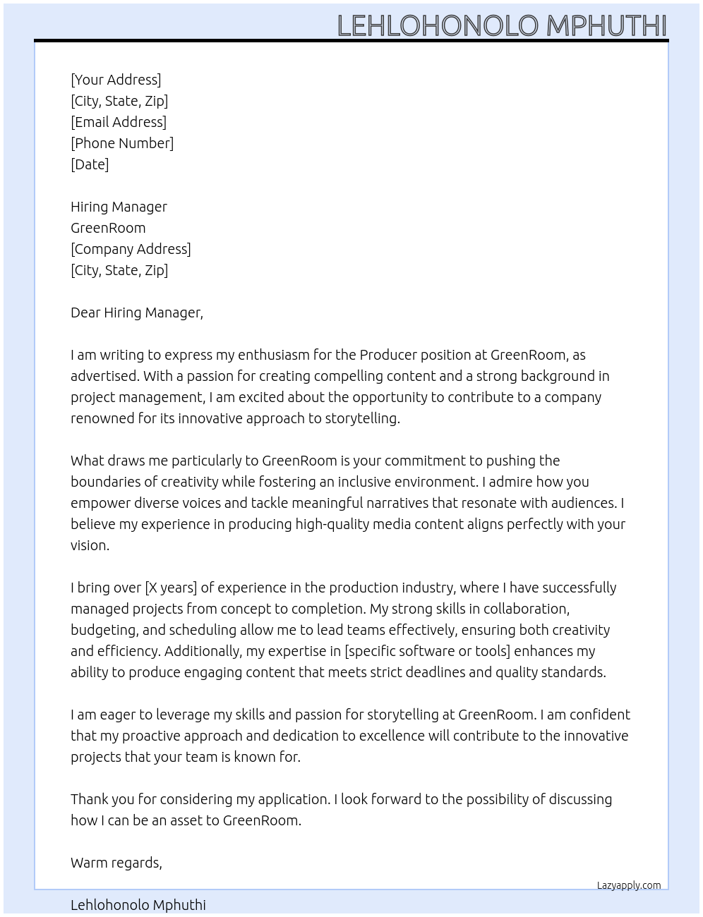 Producer At GreenRoom Cover Letter