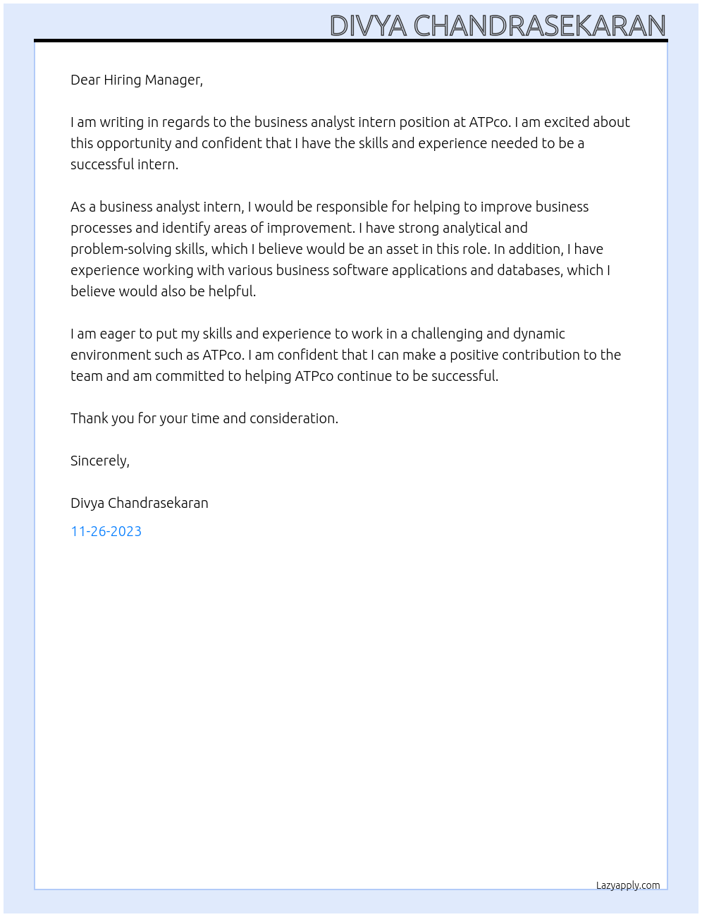 business analyst intern At atpco Cover Letter