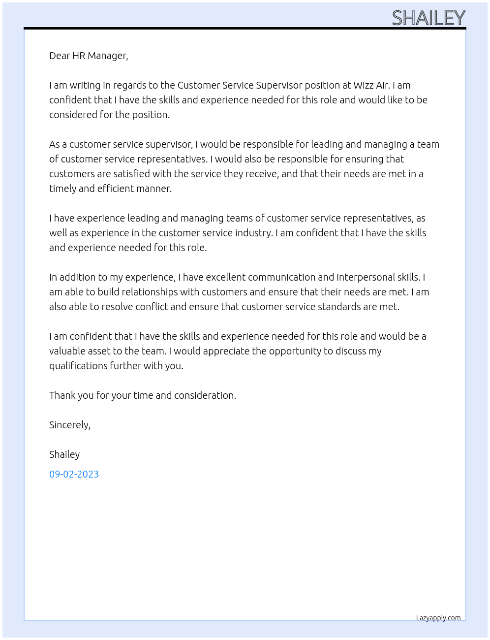 Customer service supervisor At Wizz Air Cover Letter