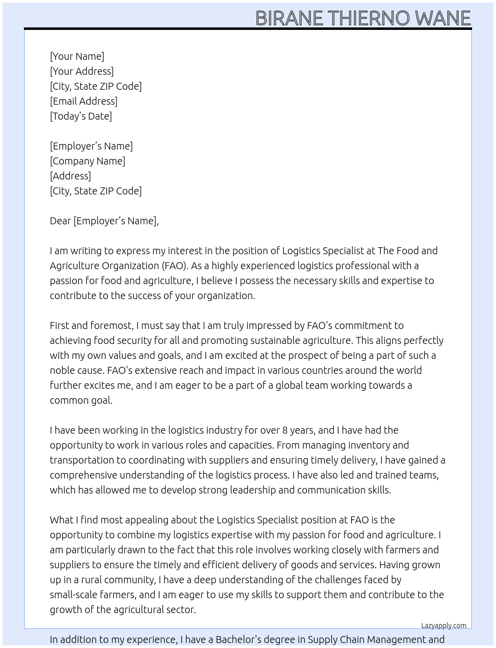 Logistics Specialist At The Food and Agriculture Organization (FAO Cover Letter