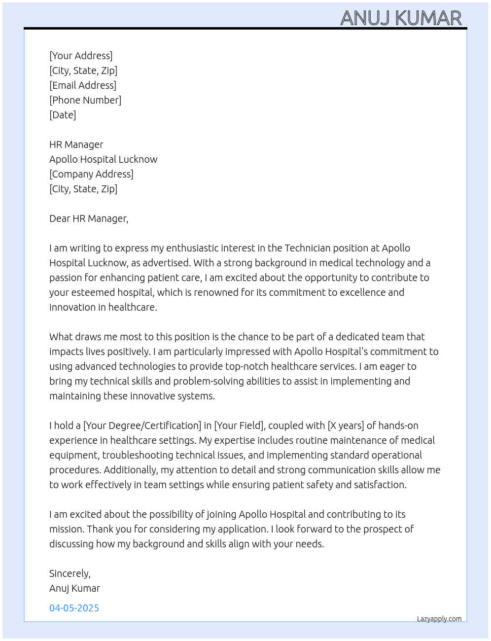 TECHNICIAN At APOLLO HOSPITAL LUCKNOW Cover Letter