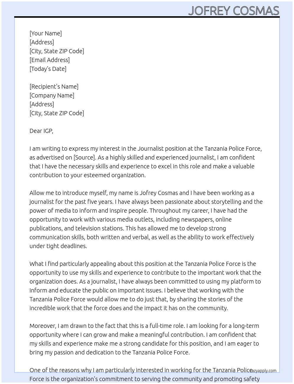 Journalist At Tanzania Police Force Cover Letter