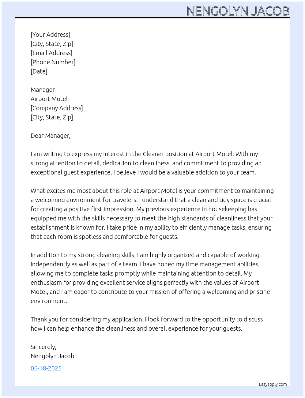 Cleaner,  At Airport Motel Cover Letter