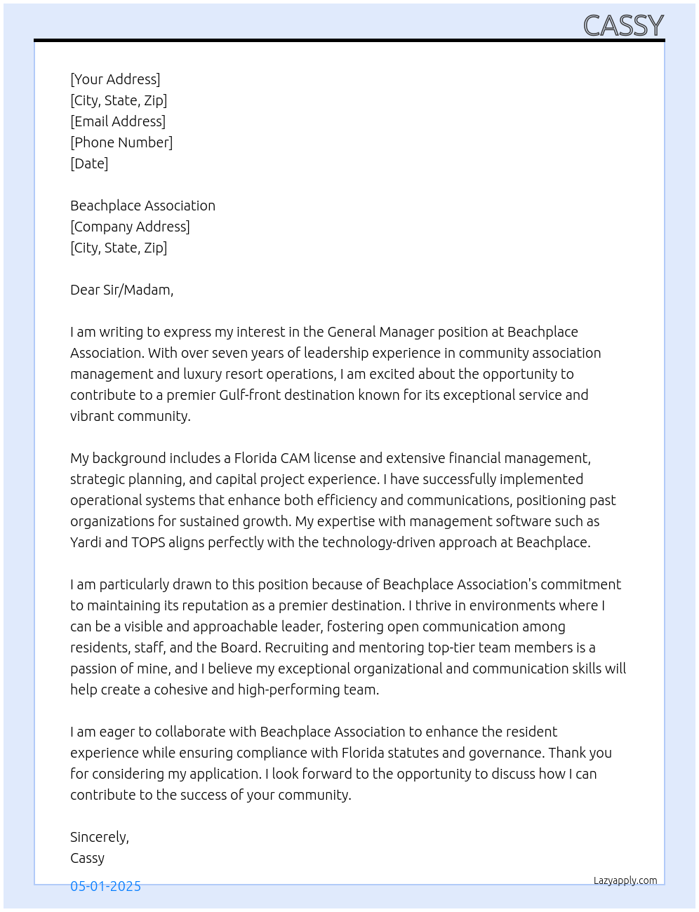 General Manager At Beachplace Association Cover Letter