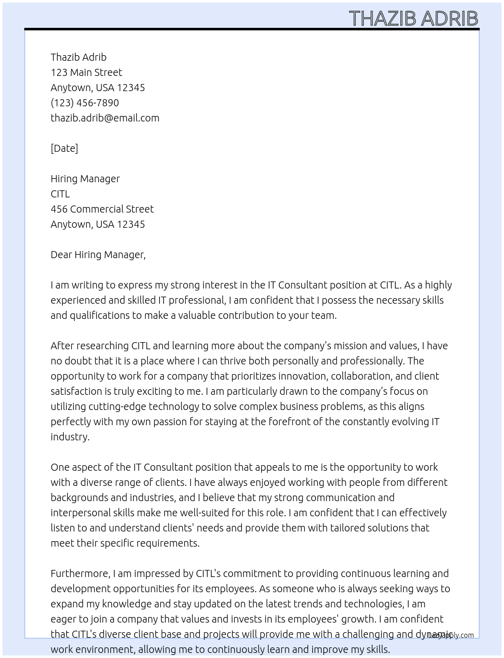 IT consultant At CITL Cover Letter