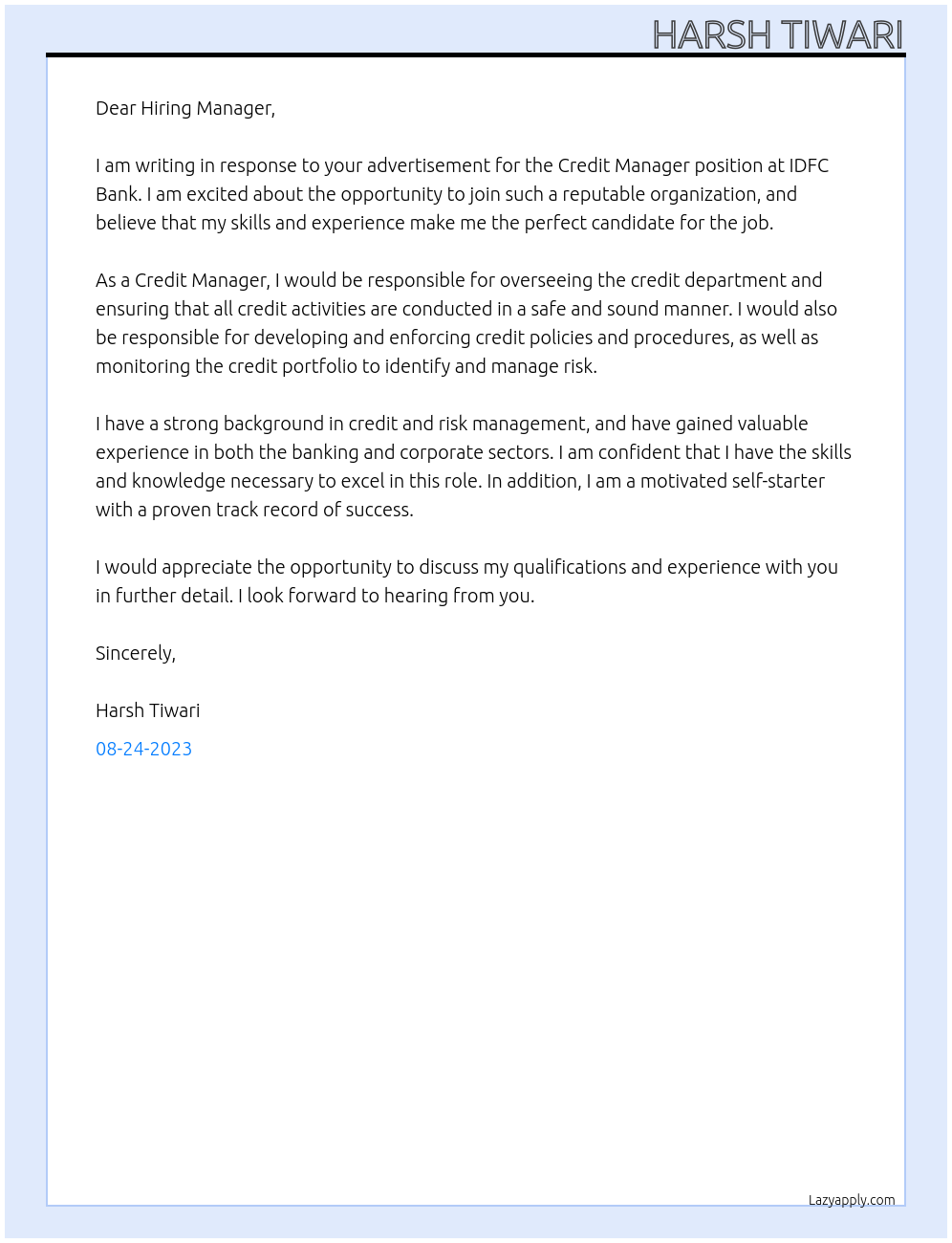 Credit Manager At IDFC Bank Cover Letter