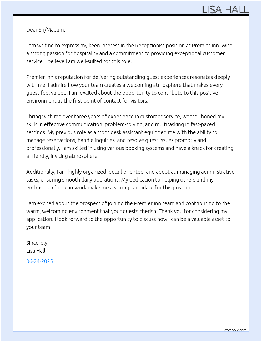 Receptionist At Premier Inn Cover Letter