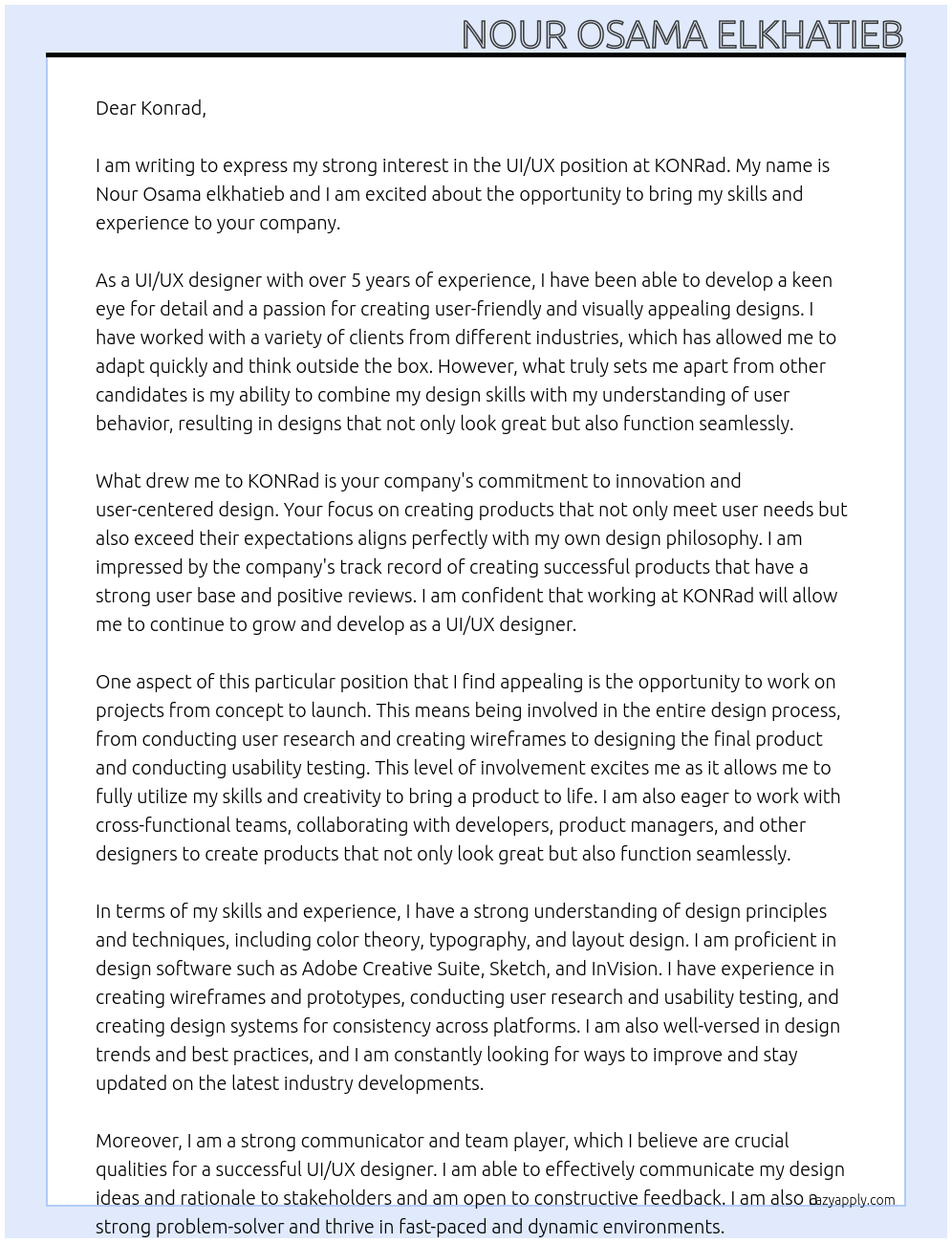 ui/ux At KONRad Cover Letter