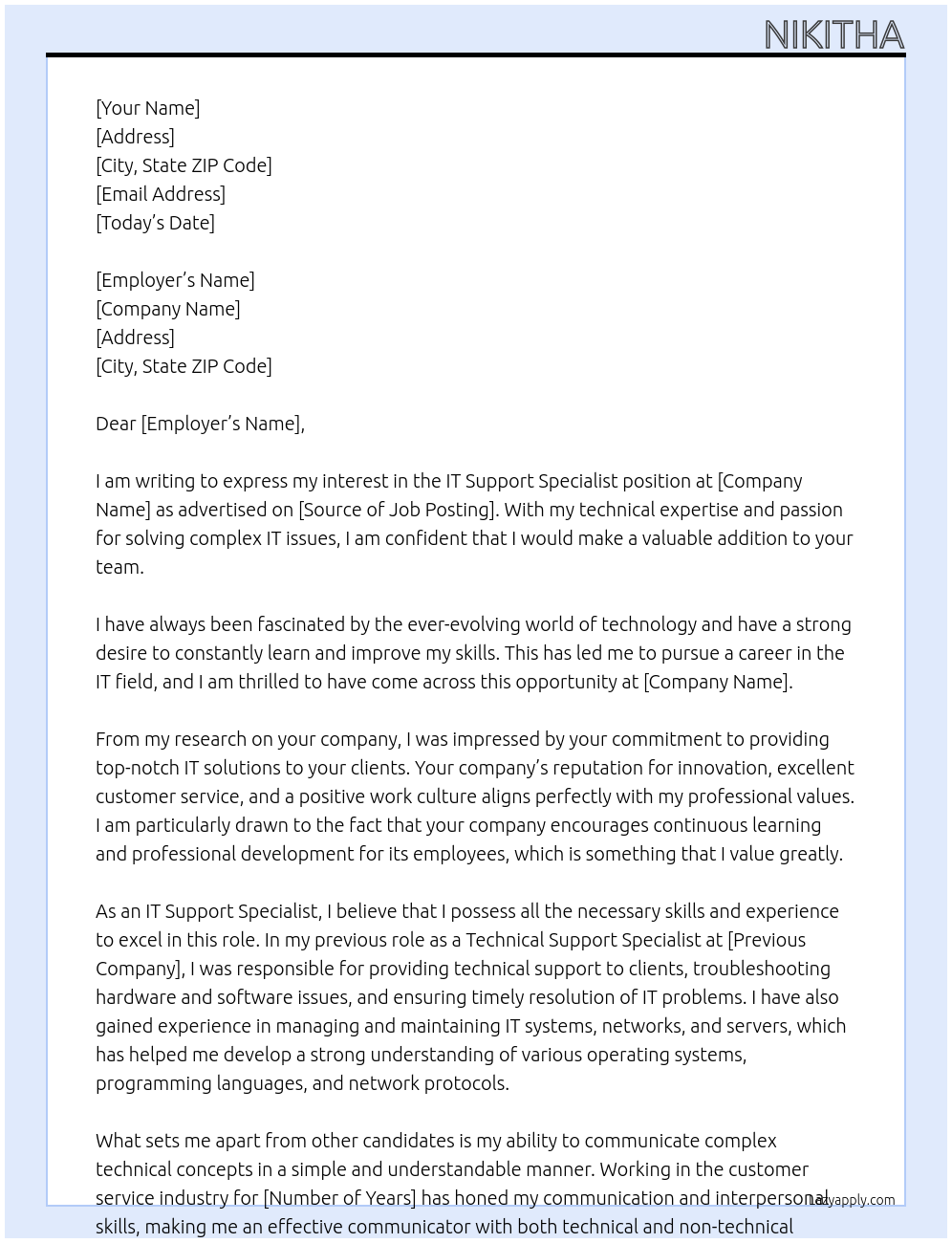 IT Support Specialist At IT Support Specialist Cover Letter