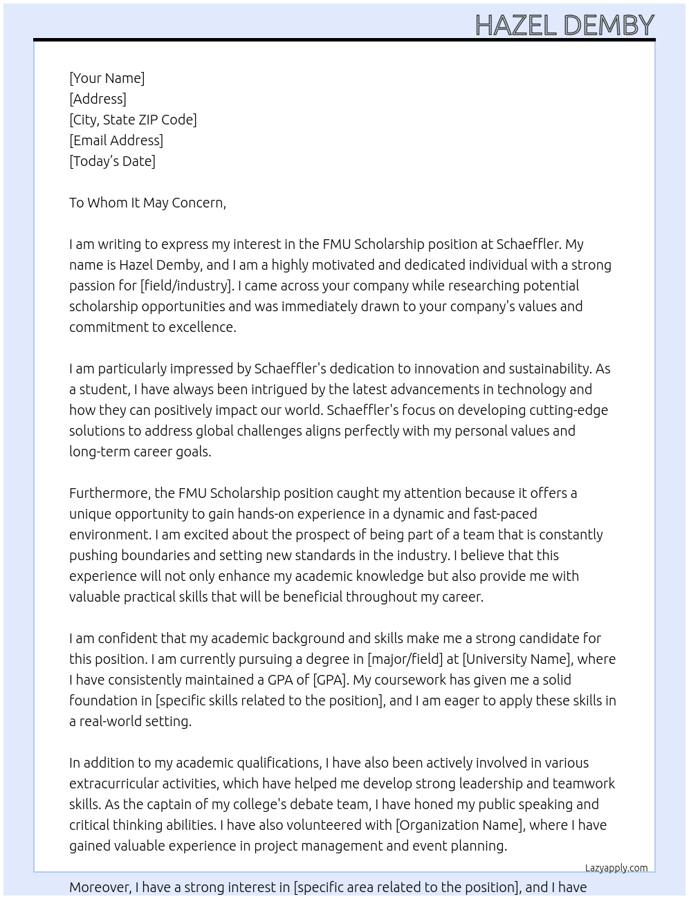 FMU Scholarship At Schaeffler Cover Letter